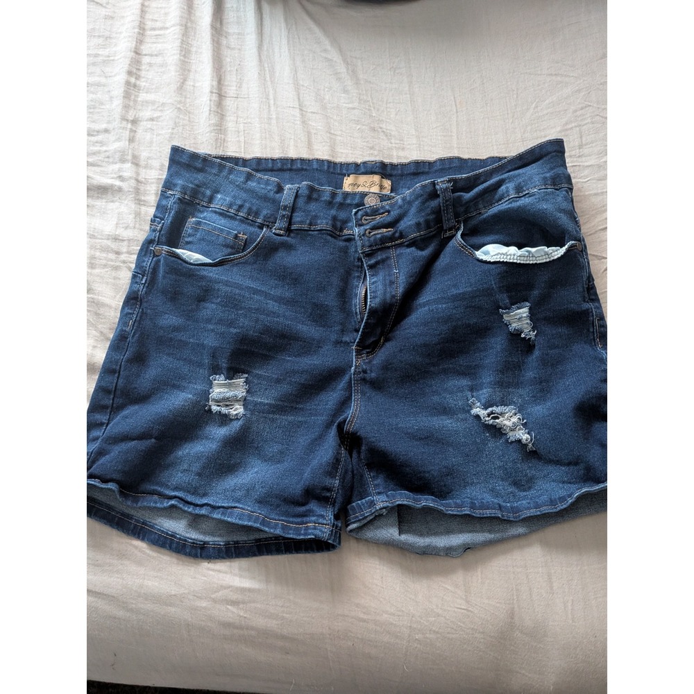 Honey & Bristle Womens Distressed Denim Shorts Dark Wash Ripped Blue Size 20